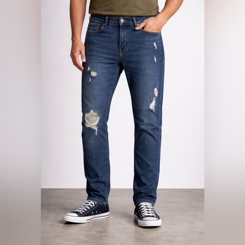 Ring of Fire Men's 34x30 Skinny Ripped Dark Blue Jeans